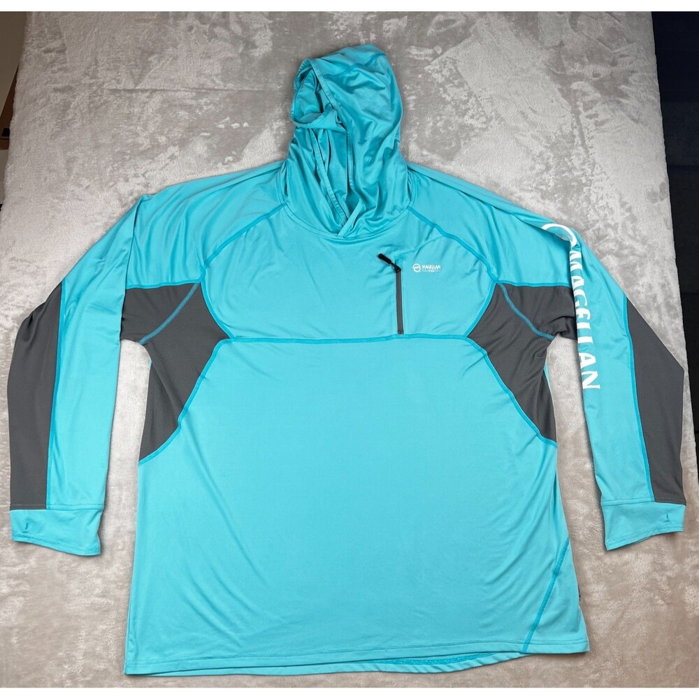 Magellan Outdoors Pro Angler 3XL Mens Blue Teal Gray Hooded Long Sleeve Shirt